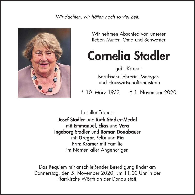 Traueranzeige Cornelia Stadler