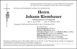 Traueranzeige Johann Riembauer