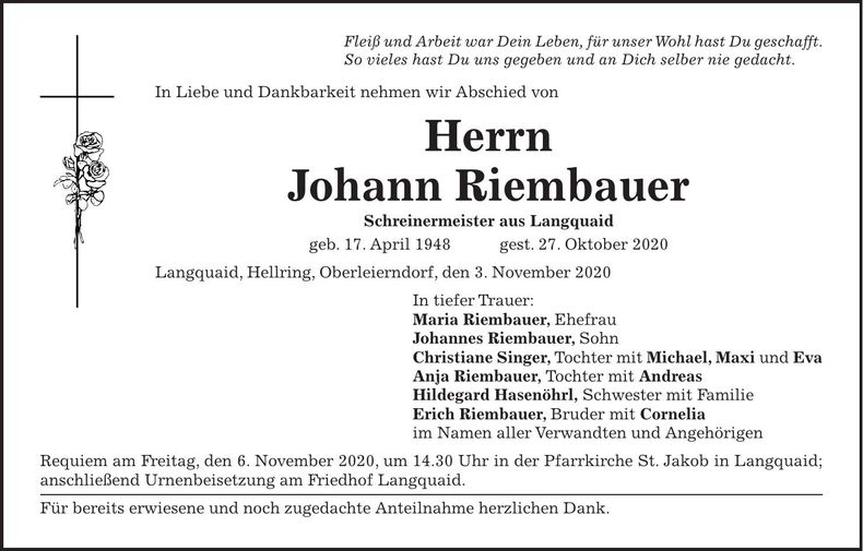 Traueranzeige Johann Riembauer