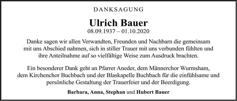 Traueranzeige Ulrich Bauer