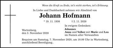 Traueranzeige Johann Hofmann