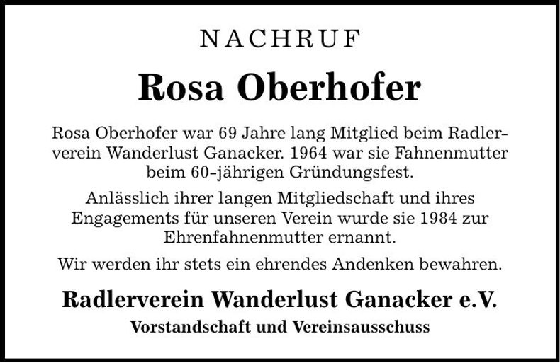 Traueranzeige Rosa Oberhofer