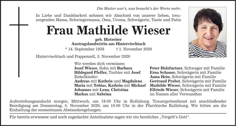 Traueranzeige Mathilde Wieser