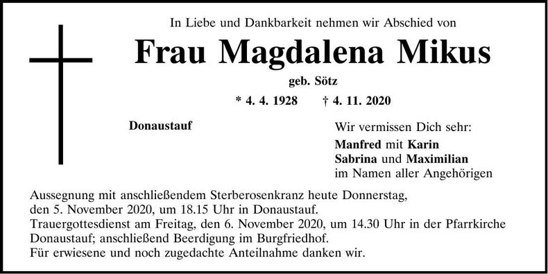 Traueranzeige Magdalena Mikus