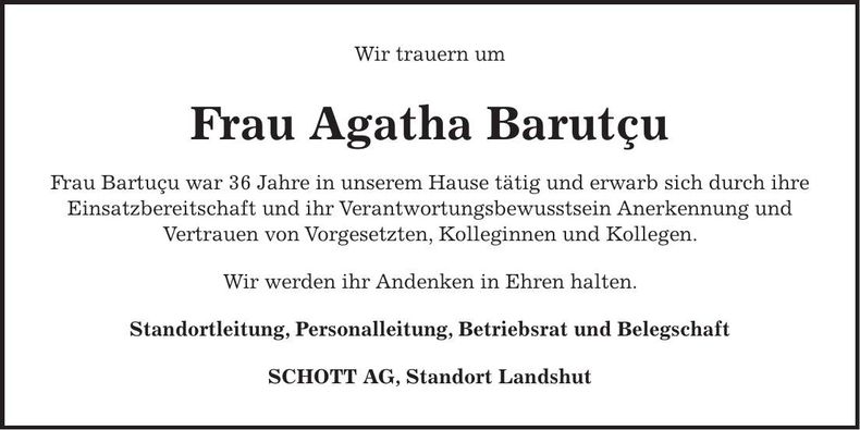 Traueranzeige Agatha Barutçu