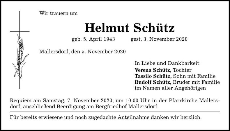 Traueranzeige Helmut Schütz