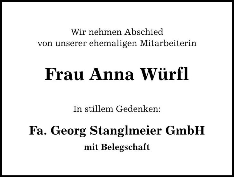 Traueranzeige Anna Würfl
