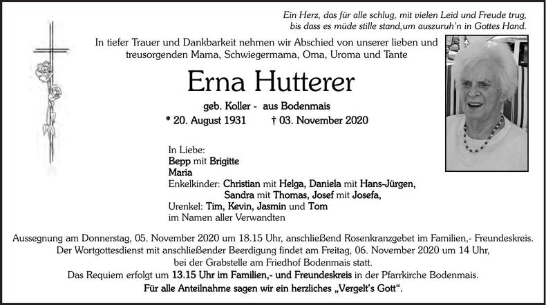 Traueranzeige Erna Hutterer