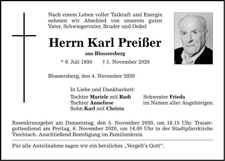 Traueranzeige Karl Preißer