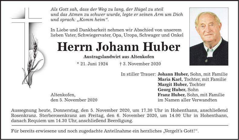 Traueranzeige Johann Huber