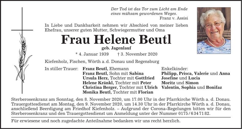 Traueranzeige Helene Beutl