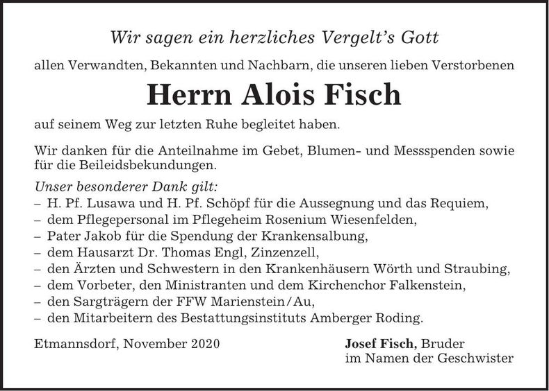 Traueranzeige Alois Fisch