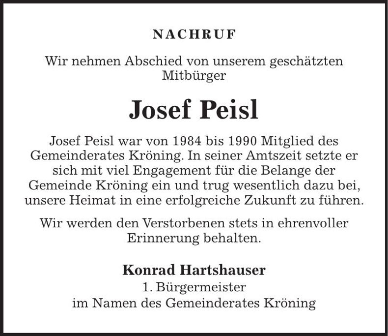 Traueranzeige Josef Peisl