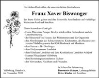 Traueranzeige Fanz Xaver Biswanger