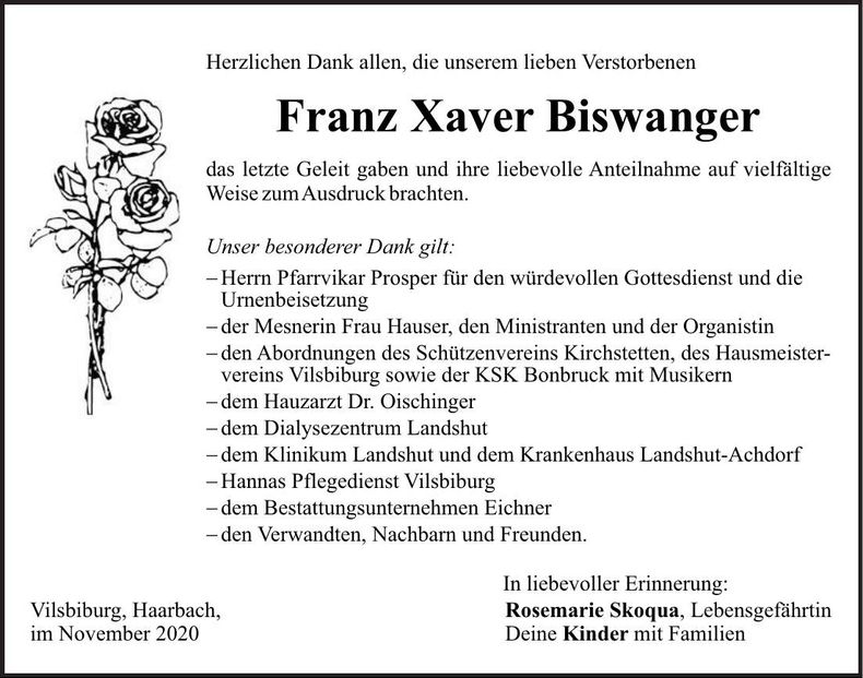Traueranzeige Fanz Xaver Biswanger