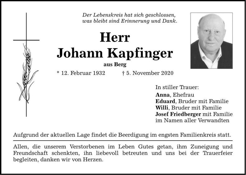 Traueranzeige Johann Kapfinger