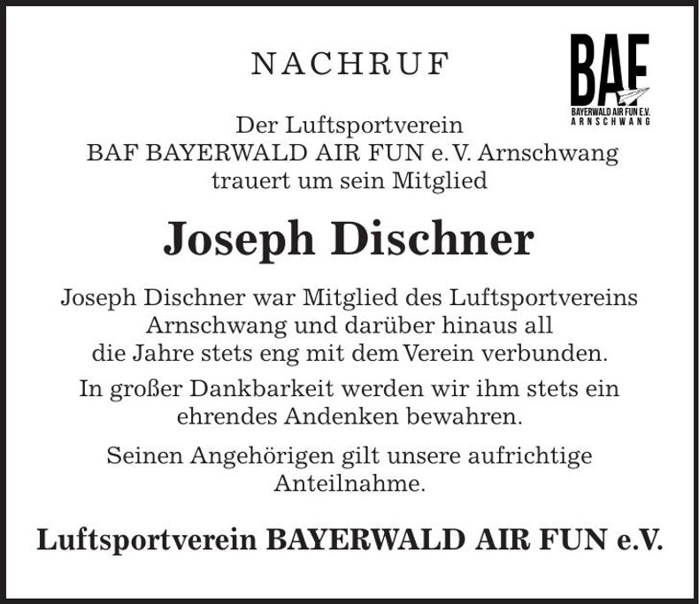 Traueranzeige Joseph Dischner
