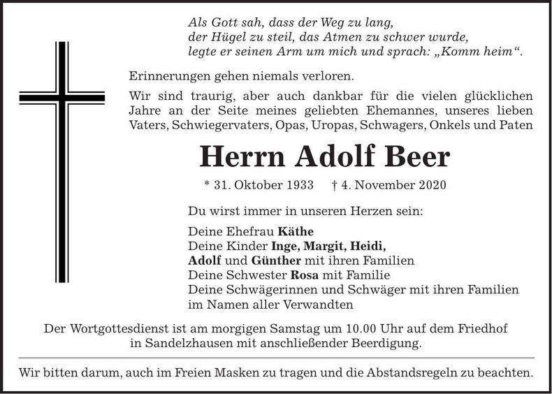 Traueranzeige Adolf Beer