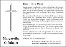 Traueranzeige Margaretha Giftthaler