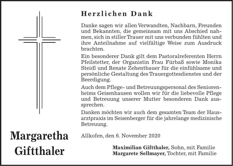 Traueranzeige Margaretha Giftthaler