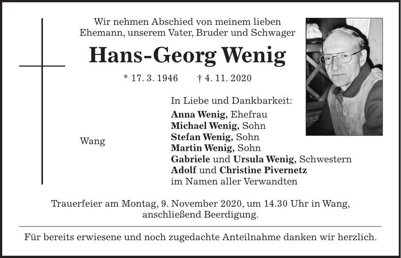 Traueranzeige Hans-Georg Wenig