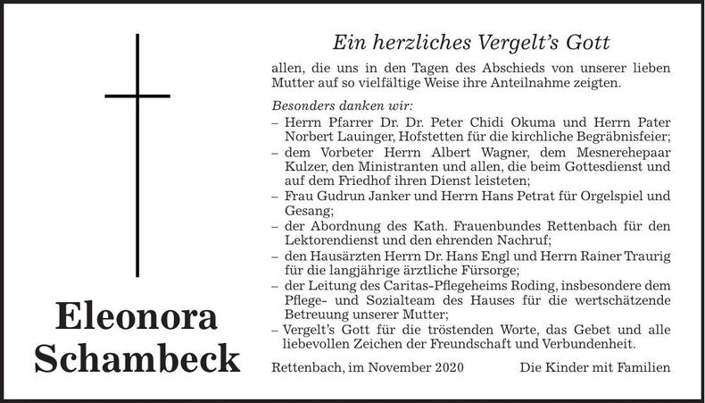 Traueranzeige Eleonora Schambeck