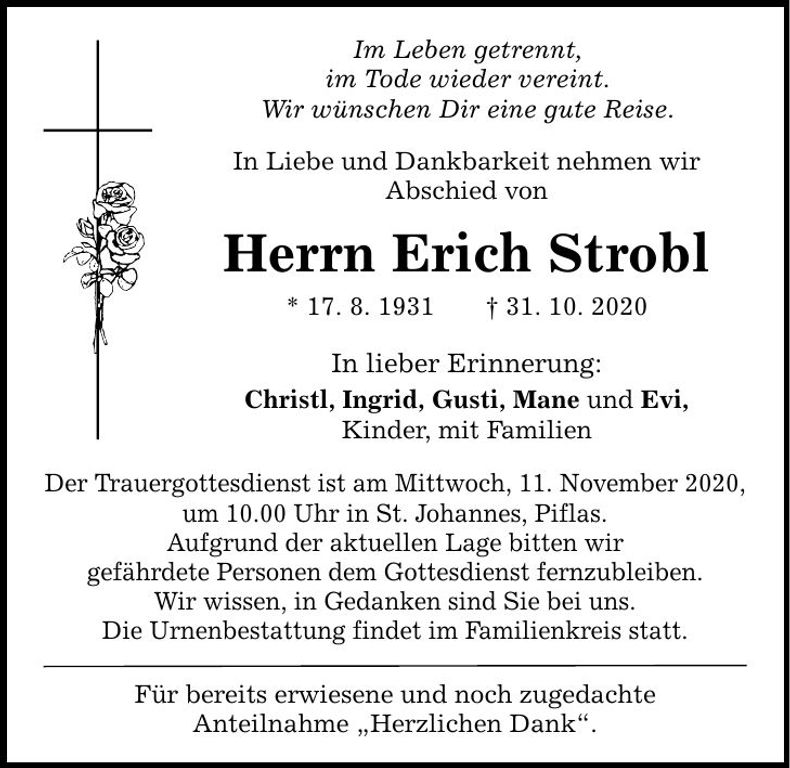 Traueranzeige Erich Strobl