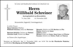 Traueranzeige Willibald Schreiner