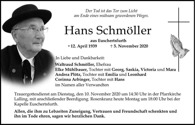 Traueranzeige Johann Schmöller