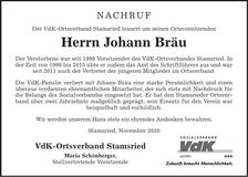 Traueranzeige Johann Bräu