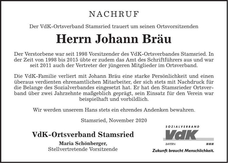 Traueranzeige Johann Bräu