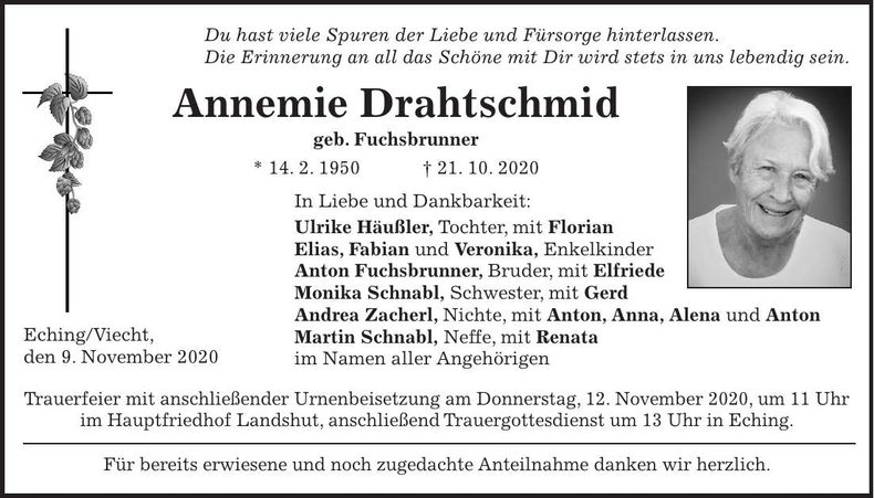 Traueranzeige Annemie Drahtschmid