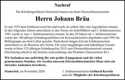 Traueranzeige Johann Bräu