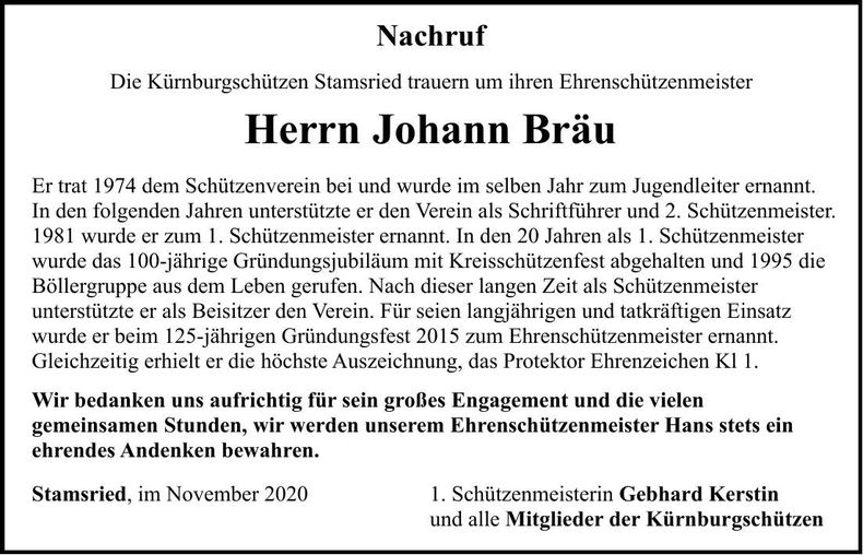 Traueranzeige Johann Bräu
