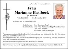 Traueranzeige Marianne Haslbeck
