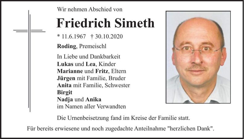 Traueranzeige Friedrich Simeth