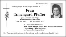 Traueranzeige Irmengard Pfeffer
