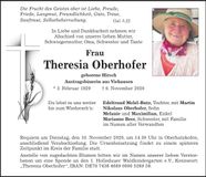 Traueranzeige Theresia Oberhofer