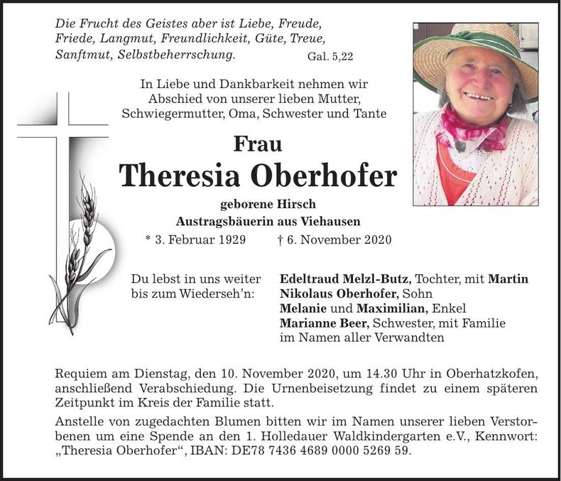 Traueranzeige Theresia Oberhofer