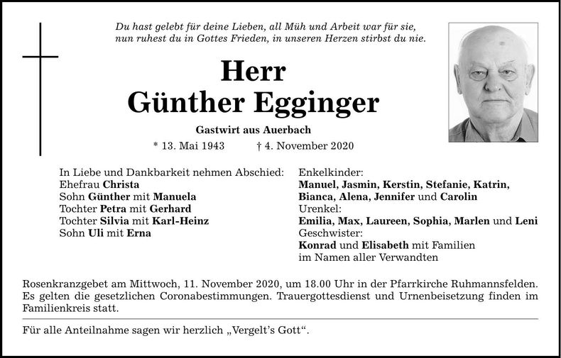 Traueranzeige Günther Egginger