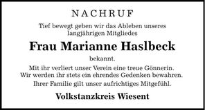 Traueranzeige Marianne Haslbeck