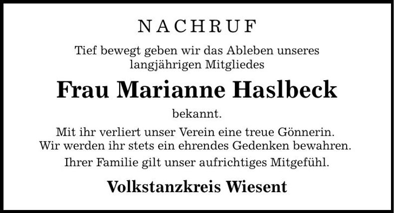 Traueranzeige Marianne Haslbeck