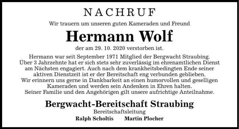 Traueranzeige Hermann Wolf