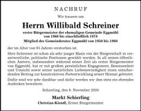 Traueranzeige Willibald Schreiner
