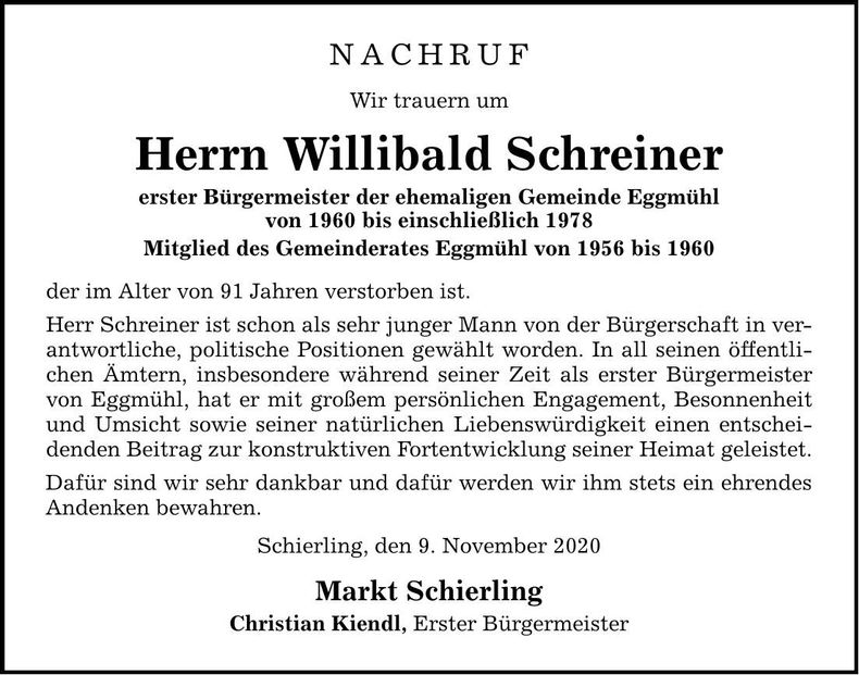 Traueranzeige Willibald Schreiner