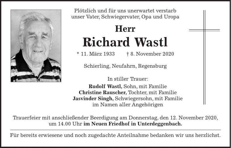 Traueranzeige Richard Wastl