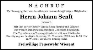 Traueranzeige Johann Senft