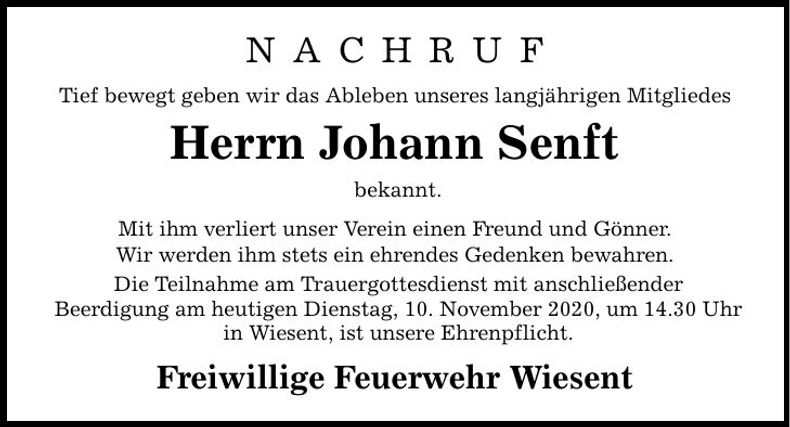 Traueranzeige Johann Senft
