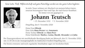 Traueranzeige Johann Teutsch