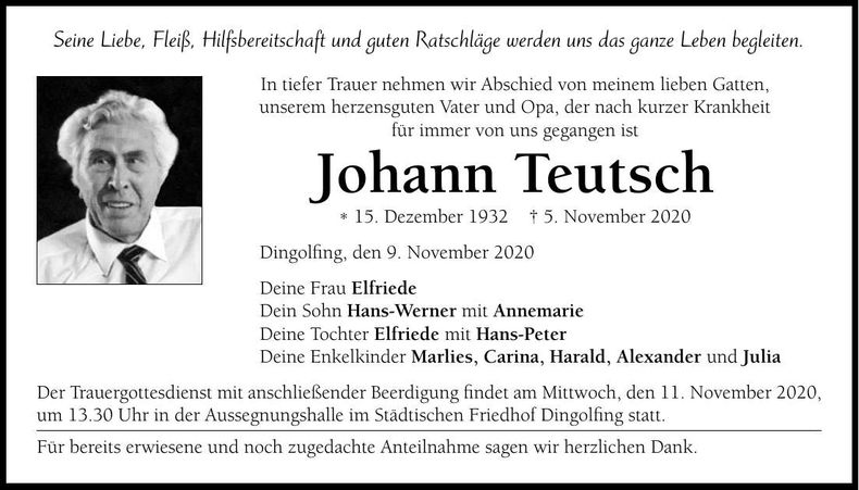 Traueranzeige Johann Teutsch